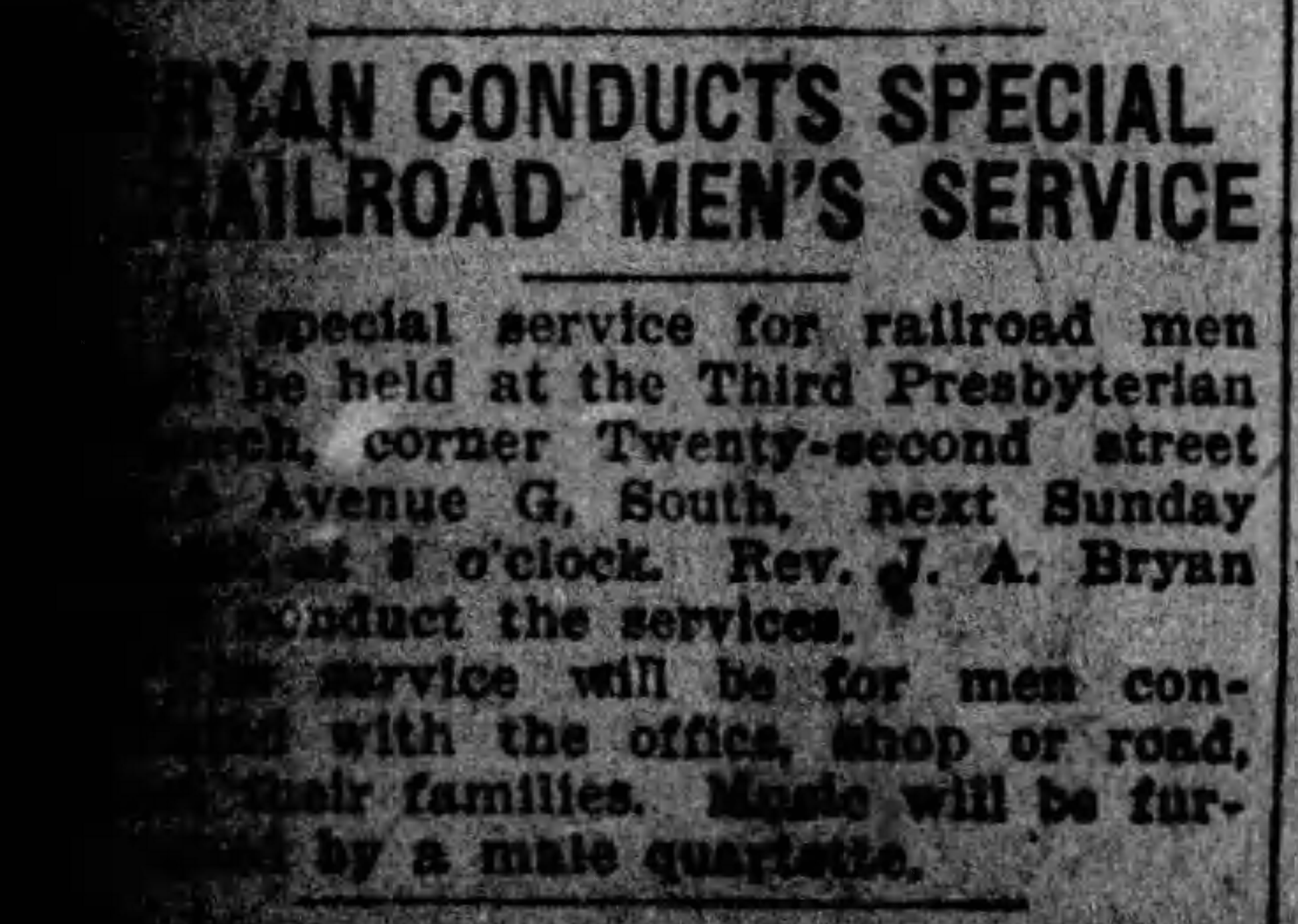 Bryan Conducts Special Railroad Men's Service